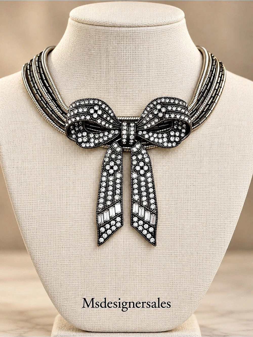 Rhinestone Bow Statement Necklace in Black & Silver Like New 253